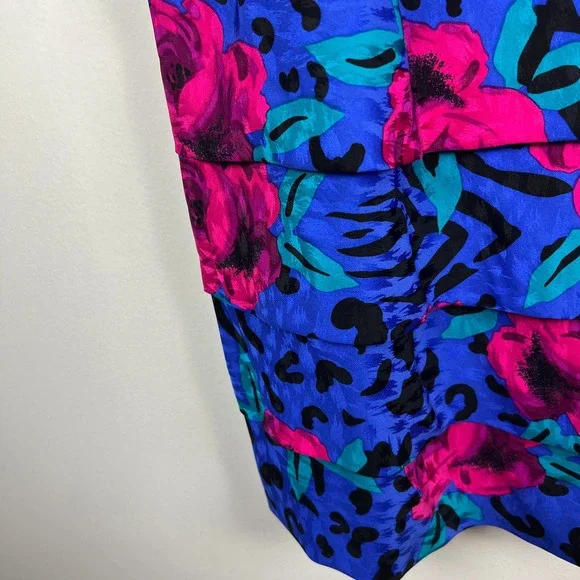 Vintage 80 A.J. Bari Blue Silk Party Dress Animal Print Floral Bow Designer Sz 6 - Picture 6 of 10